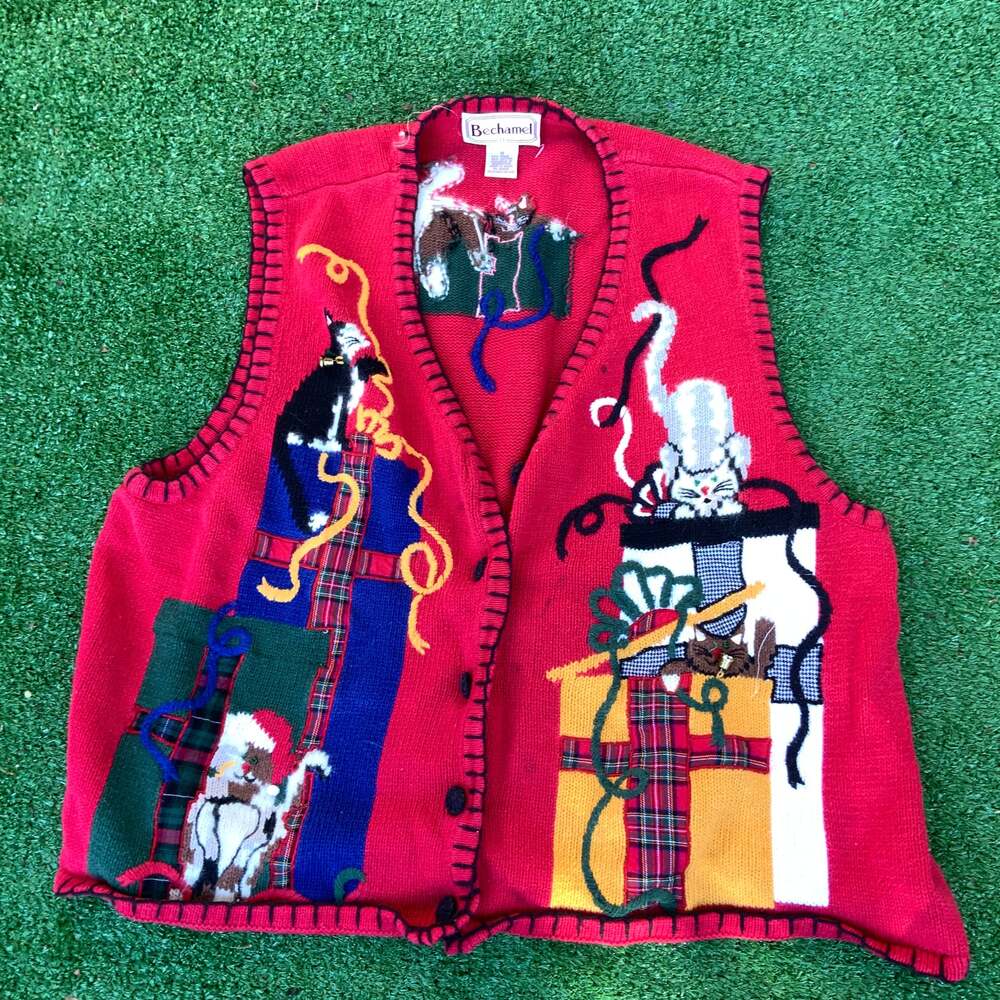 Vintage Bechamel Ugly Christmas Sweater Vest 1990s Crazy Kitty Cats Size M